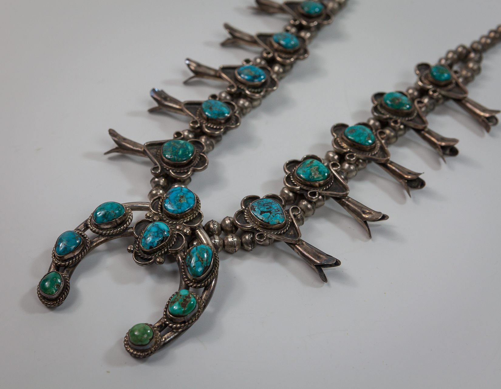 Vintage Native American Silver Squash Blossom Turquoise Necklace
