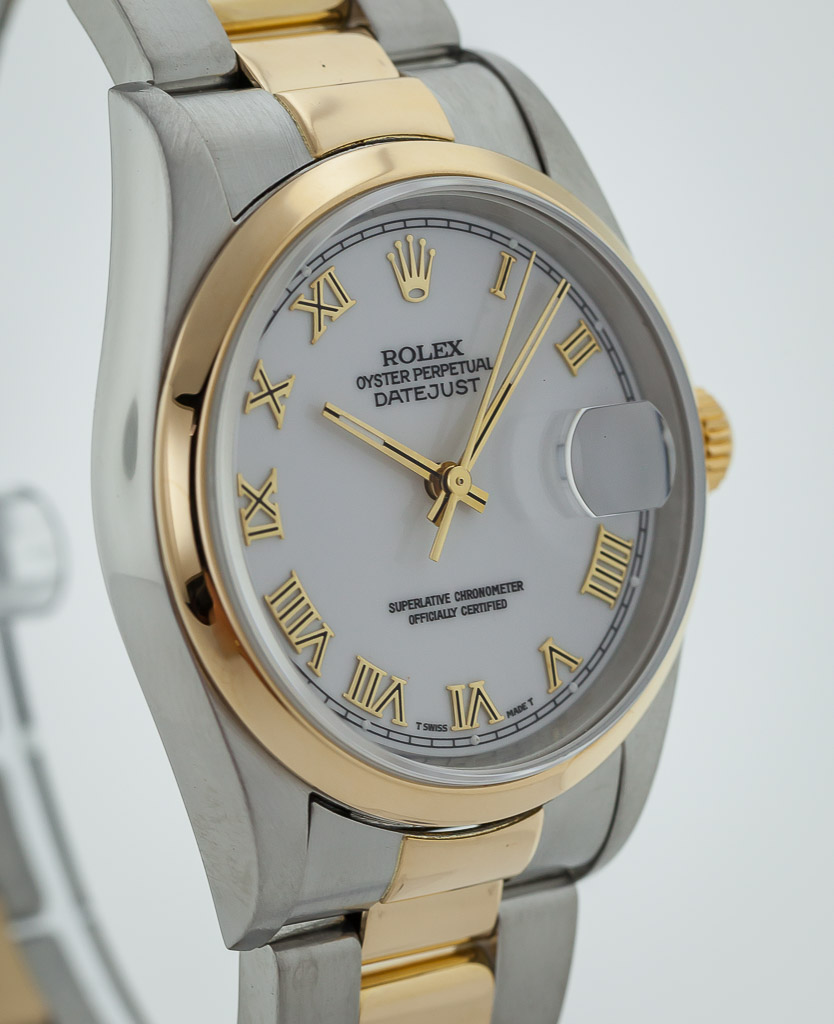 Rolex Datejust, Ref No 16203, 18K Gold and Stainless Steel, White Roman  Dial, Complete Set - Estates Consignments Rolex Datejust, Ref No 16203, 18K  Gold and Stainless Steel, White Roman Dial, Complete Set