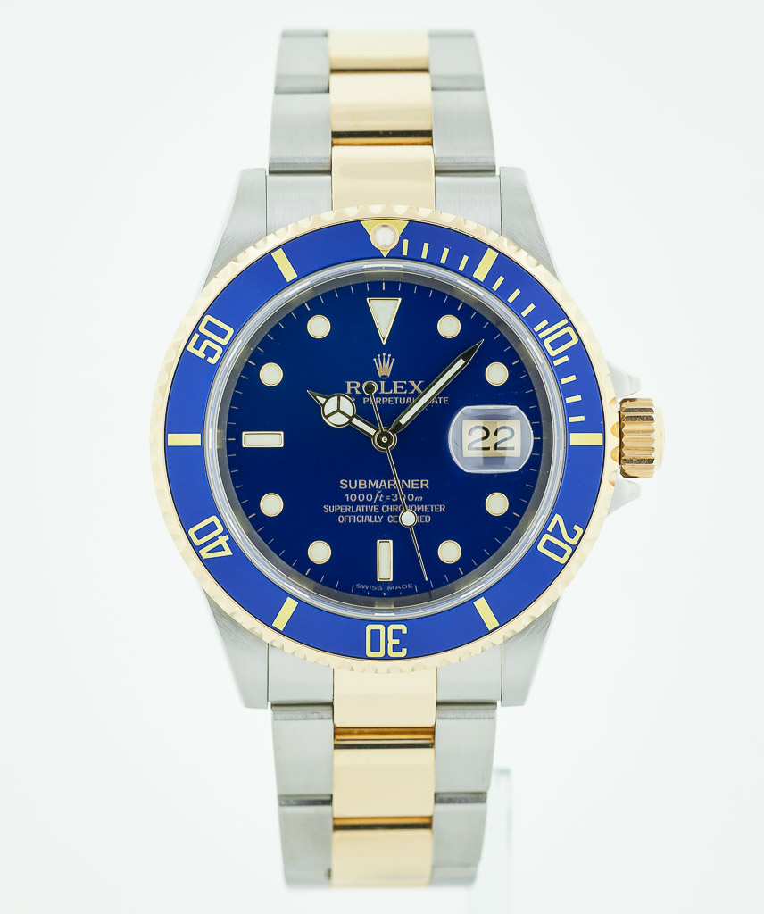 Rolex Submariner, Ref 16613 T, Stainless Steel, 18K Gold, Blue Dial, Blue  Bezel, No Holes Case - Estates Consignments Rolex Submariner, Ref 16613 T,  Stainless Steel, 18K Gold, Blue Dial, Blue Bezel,