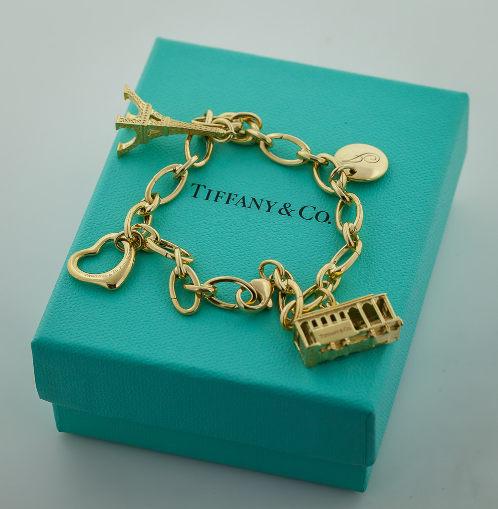 Tiffany & Co Charm Bracelet, 18K Yellow Gold, Cable Car, Eiffel Tower,  Paloma Picasso Heart