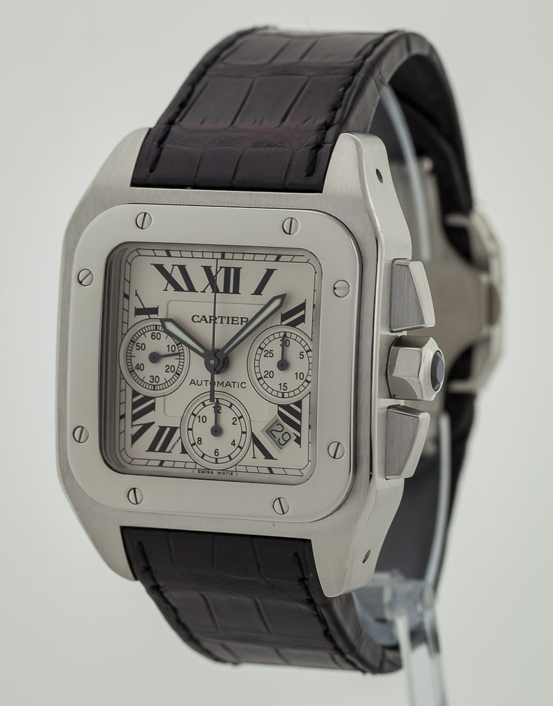 Cartier Santos 100 XL, Chronograph, Ref 2740, Men's, Stainless Steel, Automatic, Leather Band 