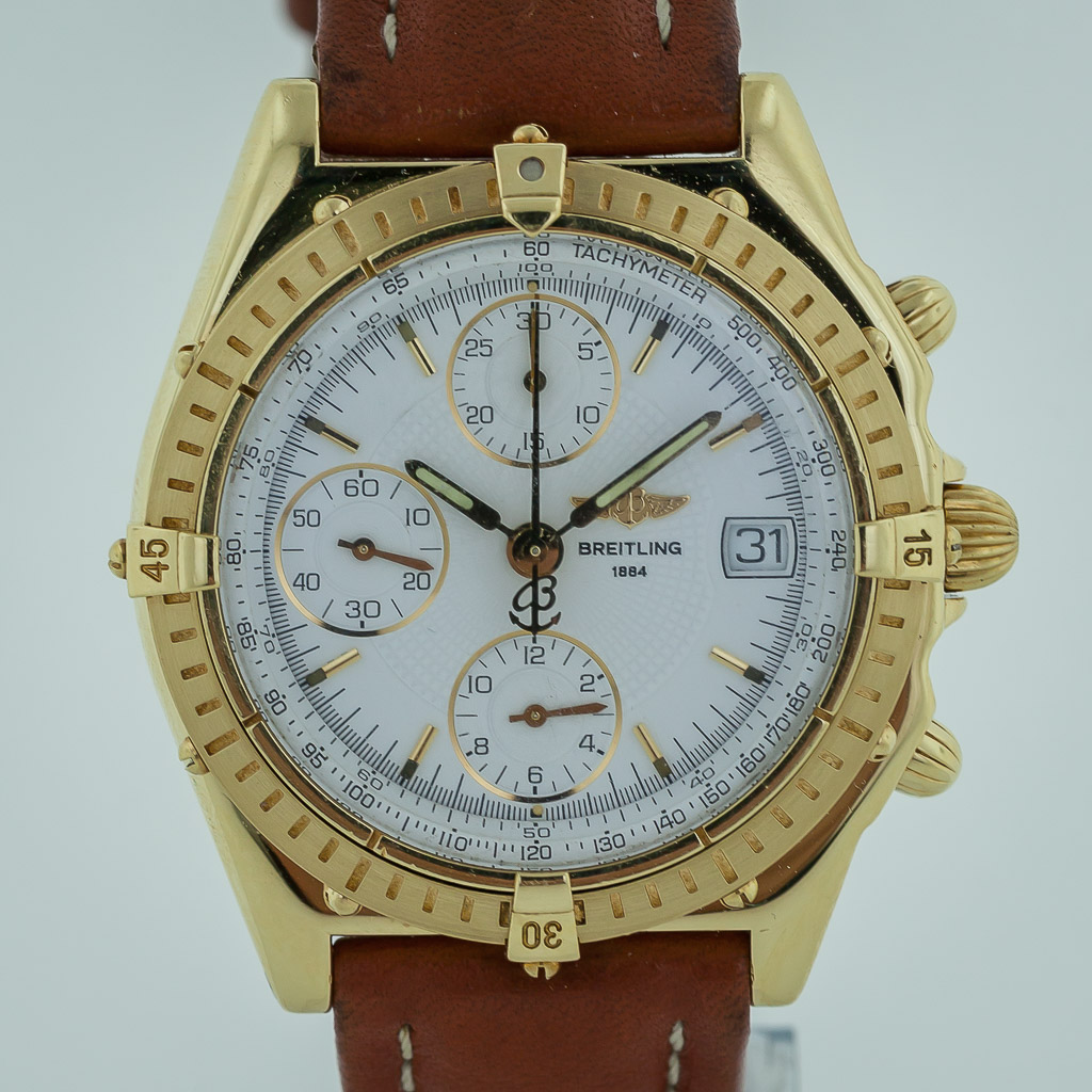 Breitling Chronomat Chronograph, Ref K13047X, Men's, 18K Yellow Gold,  Leather Band, 2002 - Estates Consignments Breitling Chronomat Chronograph,  Ref K13047X, Men's, 18K Yellow Gold, Leather Band, 2002