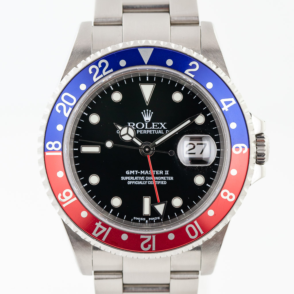 Rolex GMT Master II, Ref 16710, Men's, Stainless Steel, Black Dial, Pepsi  Bezel, Oyster Band, 2002 - Estates Consignments Rolex GMT Master II, Ref  16710, Men's, Stainless Steel, Black Dial, Pepsi Bezel, Oyster Band, 2002