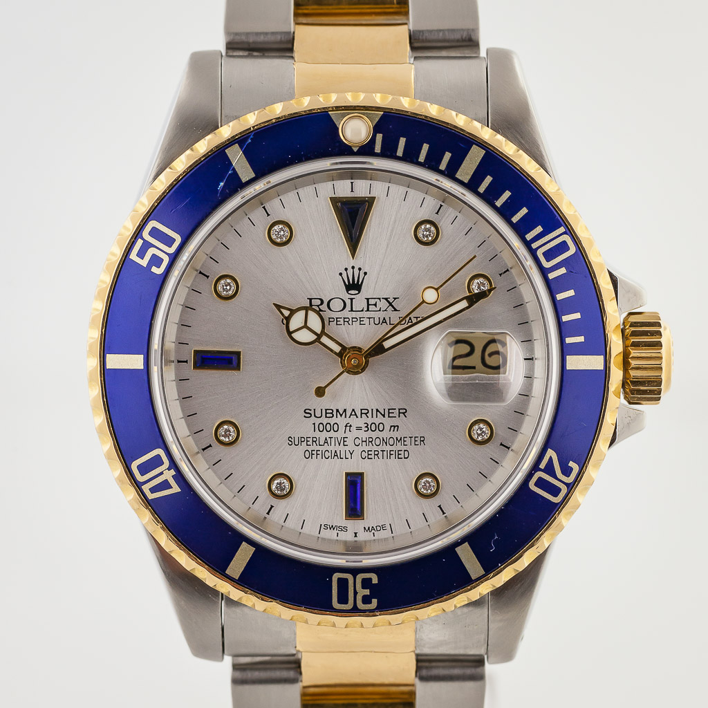 Rolex Submariner Two Tone Blue Dial Watch 16613 Box Papers