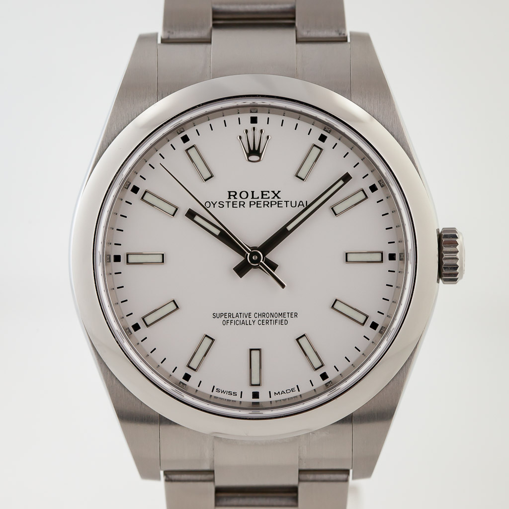 Rolex Oyster Perpetual 39, Ref 114300, Men's, Stainless Steel, White Dial, Oyster Bracelet, - Estates Consignments Rolex Oyster Perpetual 39, Ref 114300, Men's, Stainless Steel, White Dial, Oyster Bracelet,